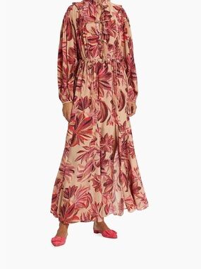 FARM Rio Pink and Beige Floral Ruffle Maxi Dress
